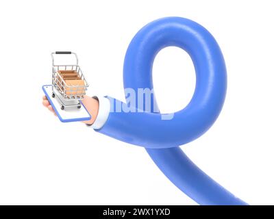 Icona Cartoon Gesture Mockup.Flat uomo d'affari isometrico 3d a mano con borsa della spesa e carrello sullo smartphone. Concetto di shopping online.concetto di braccio lungo. Foto Stock