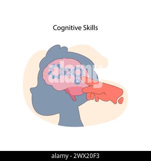 Concetto di abilità cognitive. Sagoma di una testa con ingranaggi nell'area del cervello attivati da un dito puntato, che rappresenta i processi mentali e le funzioni cerebrali. Illustrazione vettoriale piatta Illustrazione Vettoriale