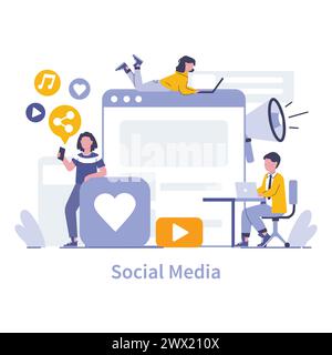 Concetto di social media. Piattaforme online interattive per la condivisione di notizie e discussioni sugli eventi in corso. Coinvolgimento e connessione della community digitale. Illustrazione vettoriale. Illustrazione Vettoriale