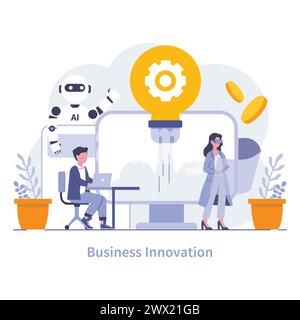 Concetto di innovazione aziendale. Un ambiente di lavoro moderno con tecnologia di intelligenza artificiale che promuove soluzioni creative e strategie adattive. Illustrazione vettoriale. Illustrazione Vettoriale