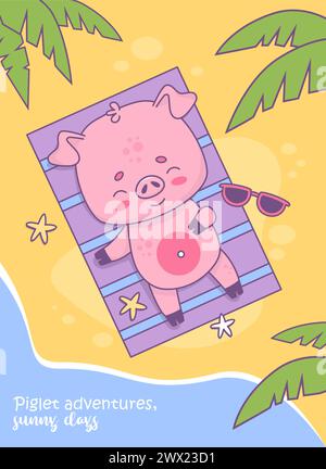 Buon maiale sulla spiaggia che prende il sole sotto le foglie di palma. Carino personaggio di un animale tropicale. Illustrazione vettoriale. Summer Beach Vertical Card con divertimento Illustrazione Vettoriale