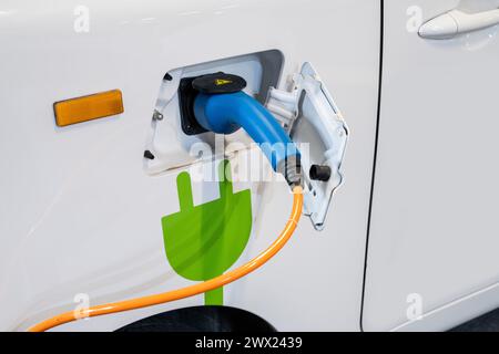 Primo piano della presa per auto elettrica con un cavo di ricarica collegato. Foto Stock