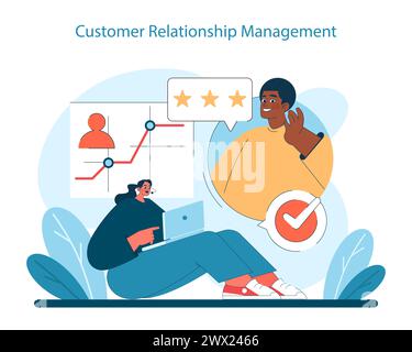 Concetto di Customer Relationship Management. Migliorare la soddisfazione dei clienti attraverso feedback e servizi personalizzati. Strategie di fidelizzazione basate sui dati. Illustrazione vettoriale. Illustrazione Vettoriale