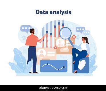 Analisi dei dati nel coinvolgimento dei consumatori. I professionisti utilizzano l'analisi dei dati per ottenere informazioni sul comportamento dei consumatori, ottimizzando le strategie di coinvolgimento. Illustrazione Vettoriale