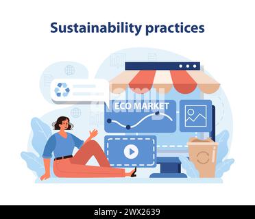 Concetto di pratiche di sostenibilità. Promuovere un retail ecocompatibile tramite piattaforme digitali. Esperienza di shopping sostenibile nella moderna tecnologia retail. Illustrazione vettoriale piatta. Illustrazione Vettoriale