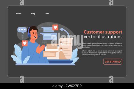 Concetto di assistenza clienti. Un cordiale rappresentante dell'assistenza assiste attivamente i clienti, migliorando l'esperienza di assistenza con un tocco personale. Illustrazione Vettoriale