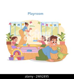 Vivace sala giochi dell'asilo. I bambini entusiasti si impegnano con giocattoli e elementi di base, promuovendo la creatività e le capacità sociali. Un gioioso spazio di apprendimento all'asilo nido. Illustrazione vettoriale piatta Illustrazione Vettoriale