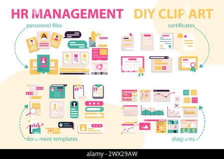 Set gestione risorse umane. Registri del personale e certificati di riconoscimento con barre di competenza. Efficienza organizzativa grazie a modelli di documenti standardizzati e diagrammi analitici. Illustrazione vettoriale Illustrazione Vettoriale