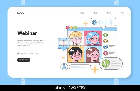 Piattaforma di video chat online con diversi partecipanti. Quattro utenti allegri in una conferenza digitale, chat di testo, profili utente e funzioni di riproduzione. Comunicazione e collaborazione moderne. Vettore piatto Illustrazione Vettoriale
