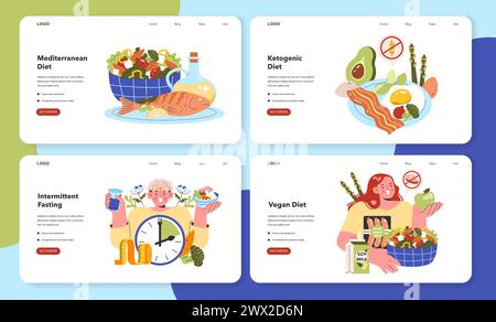 Diversi concetti di dieta. Illustrazioni di diete mediterranee, chetogene, a digiuno intermittente e vegane. Stili di vita nutrizionali e scelte alimentari. Grafica vettoriale per una sana alimentazione. Illustrazione Vettoriale