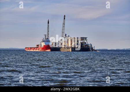 Lubmin, MV, Germania - 14 settembre 2023: Installazione di condutture nave Castoro 10 al largo della costa di Lubmin posa di Un nuovo gasdotto tra Mukran e Foto Stock