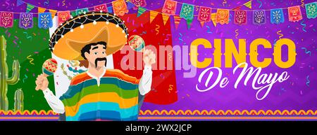 Stendardo per le festività del Cinco De Mayo con carattere messicano, maracas, bandiere di papel picado e coriandoli, sfondo vettoriale. Festeggiamenti messicani del Cinco De Mayo fiesta con l'uomo in sombrero e cactus Illustrazione Vettoriale