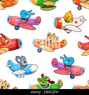 Cartoni animati carini cuccioli sugli aerei. Motivo senza cuciture. Carta da imballaggio o stampa tessile, carta da parati motivo vettoriale con ippopotamo, leone e coala, coccodrillo, scoiattolo personaggi divertenti sugli aerei Illustrazione Vettoriale