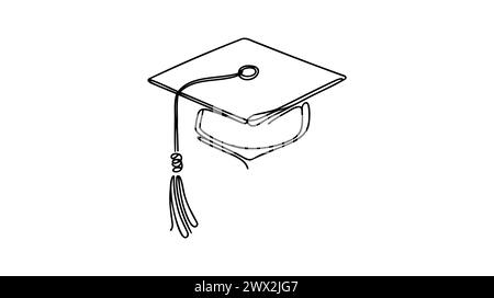 Un disegno a linea continua del logo del cappello graduato. Concetto di modello icona logotipo cappuccio di graduazione dello studio. Illustrazione Vettoriale
