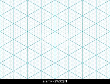 Griglia di carta isometrica blu, sfondo triangolare isometrico con mesh. Progetto vettoriale per progetti di architettura e progettazione. Guida continua per il disegno o lo schizzo di layout meccanico o ingegneristico Illustrazione Vettoriale