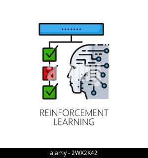Icona della linea dei colori per l'apprendimento automatico di rinforzo, algoritmo di intelligenza artificiale ai. Segno lineare vettoriale isolato, che simboleggia l'apprendimento continuo, con un cervello centrale che si evolve attraverso i cicli di feedback Illustrazione Vettoriale