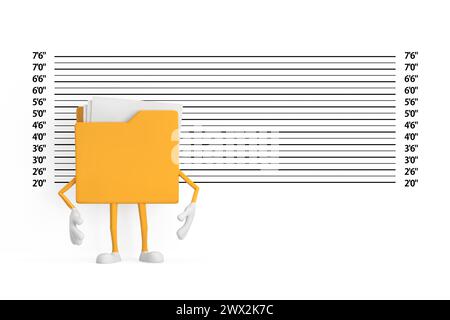 Icona cartella gialla personaggio personaggio fumetto Mascotte di fronte alla linea di polizia o sfondo Mugshot primo piano estremo. Rendering 3d. Foto Stock