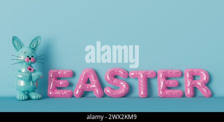 Cartellone di Pasqua rosa con il coniglio su sfondo blu. Rendering 3d. Foto Stock