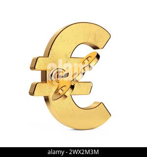 Insegna Golden Euro Money con chiave dorata su sfondo bianco. Rendering 3d. Foto Stock