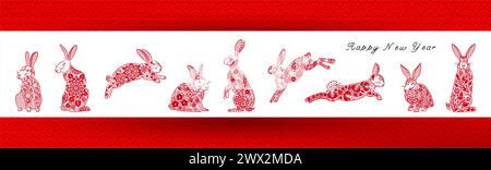 Capodanno cinese 2023 anno del coniglio. Graziosa silhouette di coniglio rosso con ornamenti floreali. Elementi decorativi. Calendario lunare asiatico, illustrazione vettoriale. Foto Stock