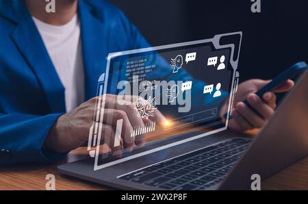 Chatbot di intelligenza artificiale generato DALL'INTELLIGENZA artificiale, gli esseri umani utilizzano la tecnologia di intelligenza artificiale, immettere prompt dei comandi per generare, Business person chattare con un bot de intelligente Foto Stock