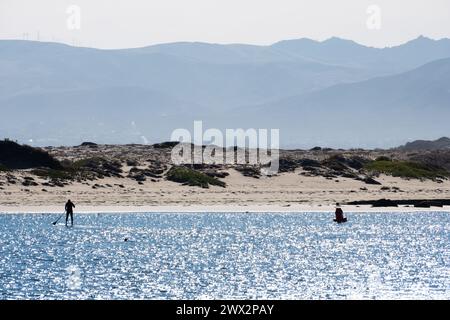 Paddle boarder a Morro Rock e Morro Bay, Oceano Pacifico, Morro Bay, California, Stati Uniti. Foto Stock