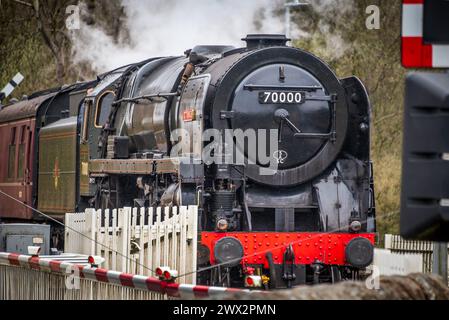 BR Standard Classe 7 70000 locomotiva a vapore Brittania vista sulla ferrovia del Lancashire orientale. Rawtenstall Foto Stock
