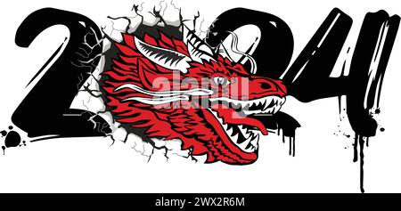 simbolo dell'anno del drago cinese del 2024. La testa di Dragon ha attraversato il muro con l'iscrizione 2024. Modello vettoriale per biglietto d'auguri, poster, invito Illustrazione Vettoriale