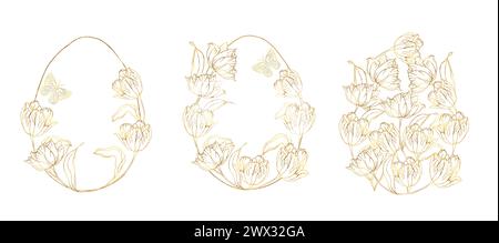 Set di uovo di Pasqua dorato con sfondo floreale tulipani, elementi floreali disegnati a mano per le vacanze primaverili. Composizioni artistiche a linee bianche e nere per la colorazione Illustrazione Vettoriale