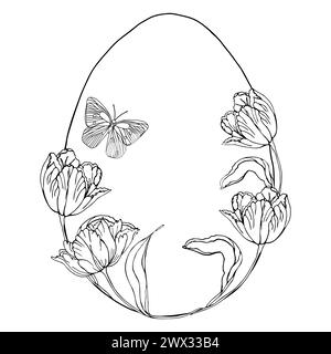 Tulipani d'uovo di Pasqua sfondo floreale, elementi floreali disegnati a mano per le vacanze primaverili. Composizioni di disegni a linee in bianco e nero per la pagina da colorare. Vettore Illustrazione Vettoriale