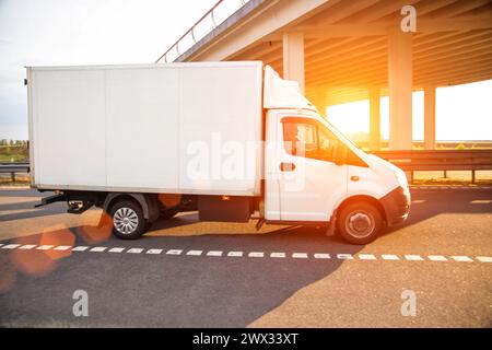 Un furgone commerciale refrigerato a basso tonnellaggio trasporta prodotti deperibili in estate su una strada di campagna sullo sfondo del tramonto. Industria Foto Stock