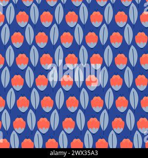 Tulipani primaverili gemme senza cuciture. Fiori luminosi su sfondo blu. Illustrazione Vettoriale