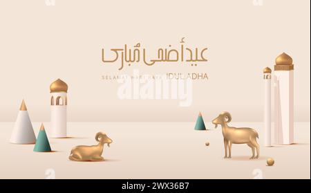 Illustrazione vettoriale EID al Adha Banner Design. Sfondo islamico e arabo per il Festival della Comunità musulmana. Vacanza musulmana. Suite islamica moderna in 3D. Illustrazione Vettoriale