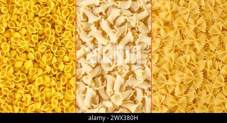 Collage di diversi tipi di pasta. Pasta italiana varia. Concetto di esperienza culinaria e gastronomica Foto Stock