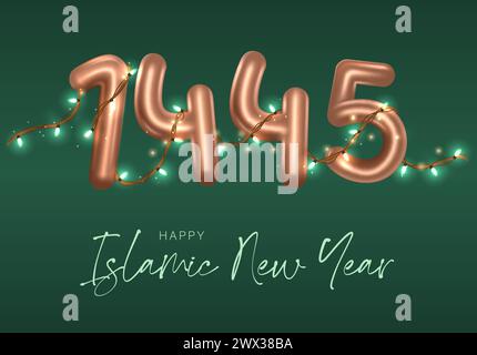 Traduzione: Felice anno nuovo islamico 1444. Concetto di biglietto d'auguri islamico con illustrazione vettoriale di design delle Lanterne arabe. Buon nuovo anno Hijri con Calli Illustrazione Vettoriale