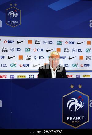 Marsiglia, 26 marzo 2024. Didier Deschamps allenatore della Francia reagisce durante la conferenza stampa post partita dopo l'amichevole internazionale all'Orange Vélodrome di Marsiglia. Il credito per immagini dovrebbe essere: Jonathan Moscrop/Sportimage Credit: Sportimage Ltd/Alamy Live News Foto Stock