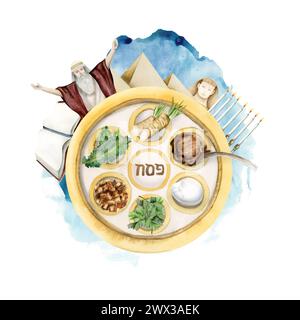 Storia dell'esodo di Pesach con piatto di seder e illustrazione ad acquerello del cibo natalizio. Mosè, piramidi e Mar Rosso Foto Stock