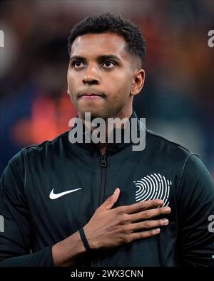 Madrid, Spagna. 26 marzo 2024. Rodrygo va di Brazilduring la partita amichevole tra le squadre nazionali di Spagna e Brasile giocata allo stadio Santiago Bernabeu il 26 marzo 2024 a Madrid in Spagna. (Foto di Cesar Cebolla/PRESSINPHOTO) credito: PRESSINPHOTO SPORTS AGENCY/Alamy Live News Foto Stock