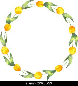 Ghirlanda di tulipani gialli con foglie. Illustrazione acquerello. Stile semplice e stilizzato.corona estiva in fiore. Cornice botanica primaverile per Pasqua Illustrazione Vettoriale