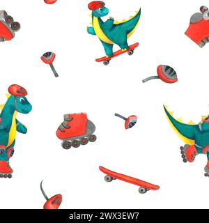 Cartoni animati per bambini motivo senza cuciture con il dinosauro sportivo adorabile Baby acquerello con pattini a rotelle e pattino. Attrezzature sportive. Illustrazione disegnata a mano Foto Stock