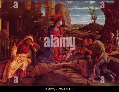 "L'Adorazione dei Pastori" di Andrea Mantegna (1451-1453): Situato nel Metropolitan Museum of Art di New York, questo dipinto, noto anche come "l'Adorazione dei Magi", fa parte della predella di Mantegna per la pala San Zeno a Verona. L'opera cattura il momento in cui i pastori vengono ad adorare il neonato Cristo, ed è un esempio della fusione del primo Rinascimento della profondità spirituale con le tecniche emergenti della rappresentazione naturalistica. Foto Stock