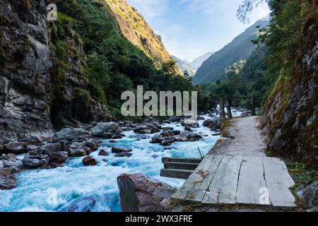 Fiume Tamor sulla strada per il trekking al campo base di Kanchenjunga, Nepal Foto Stock