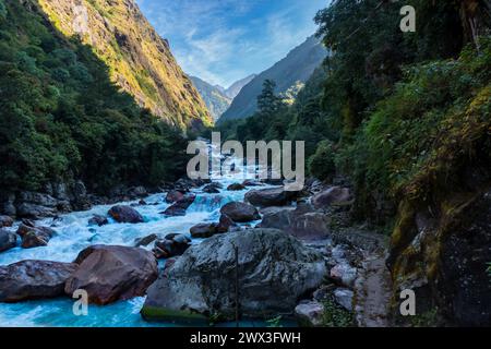 Fiume Tamor sulla strada per il trekking al campo base di Kanchenjunga, Nepal Foto Stock