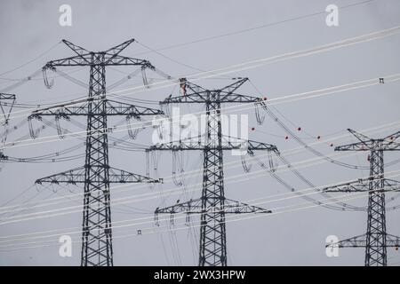 Neue Stromleitung von Birkenfeld nach Ötisheim im Enzkreis. Die 14 km lange 380-kV-Leitung soll nach Darstellung des Übertragungsnetzbetreibers TransnetBW eine sichere Stromversorgung in der Region gewährleisten. Die neue Höchstspannungsleitung soll noch dieses Jahr ans Netz gehen, derzeit werden die Leitungen montiert. DAS Genehmigungsverfahren Hat zwölf Jahre gedauert. // 27.03.2024: Pforzheim, Baden-Württemberg, Deutschland, Europa *** nuova linea elettrica da Birkenfeld a Ötisheim nel distretto di Enzkreis secondo il gestore del sistema di trasmissione TransnetBW, la 380 kV di 14 chilometri Foto Stock