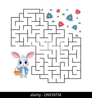 Illustrazione vettoriale. Gioco labirinto per bambini. Aiuta il coniglio con il cesto a trovare la strada per il prato con i fiori Illustrazione Vettoriale