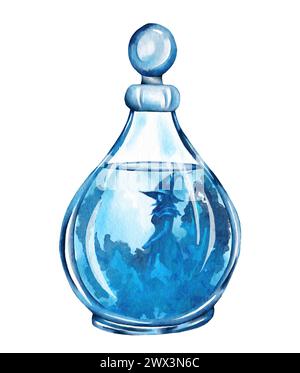 Bottiglia di pozione acquerello. Pozione d'amore ed elisir illustrazione disegnata a mano. Halloween Foto Stock