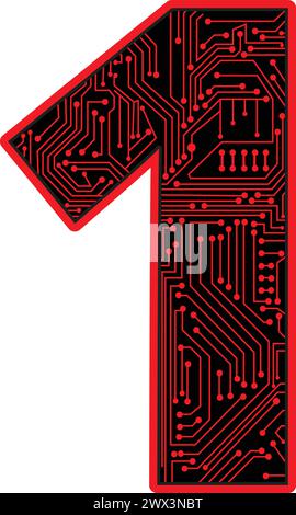 Design del circuito stampato numero 1 su sfondo bianco, design del circuito stampato in 1 forma Illustrazione Vettoriale
