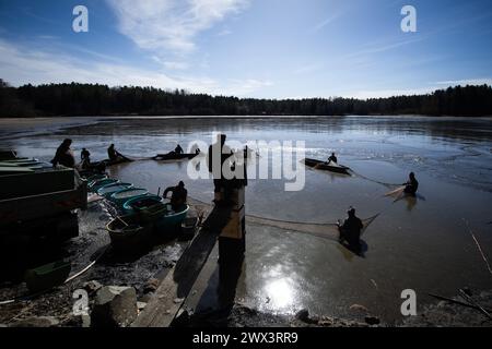 Svebohy, Horni Stropnice. 27 marzo 2024. Pescatori durante una pesca tradizionale primaverile dello stagno Kralovsky (Royal), a Svebohy, Horni Stropnice, Repubblica Ceca, marzo 27, 2024. credito: Vaclav Pancer/CTK Photo/Alamy Live News Foto Stock