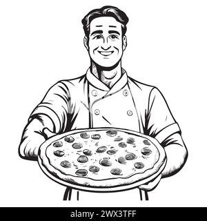 Chef italiano sorridente con una pizza in mano. Illustrazione grafica vettoriale Illustrazione Vettoriale