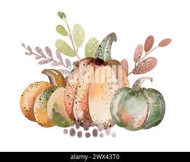 Zucche a cartoni animati con acquerelli. Raccolta autunnale di verdure per Halloween su sfondo bianco. Decorazione di verdure per il Ringraziamento. Frutta vegetariana. Foto Stock